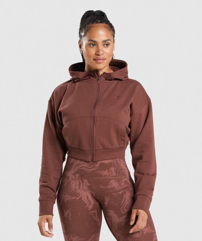 Gymshark GS Power Cropped Zip Női Kapucnis Pulóver Barna | HU-D-631