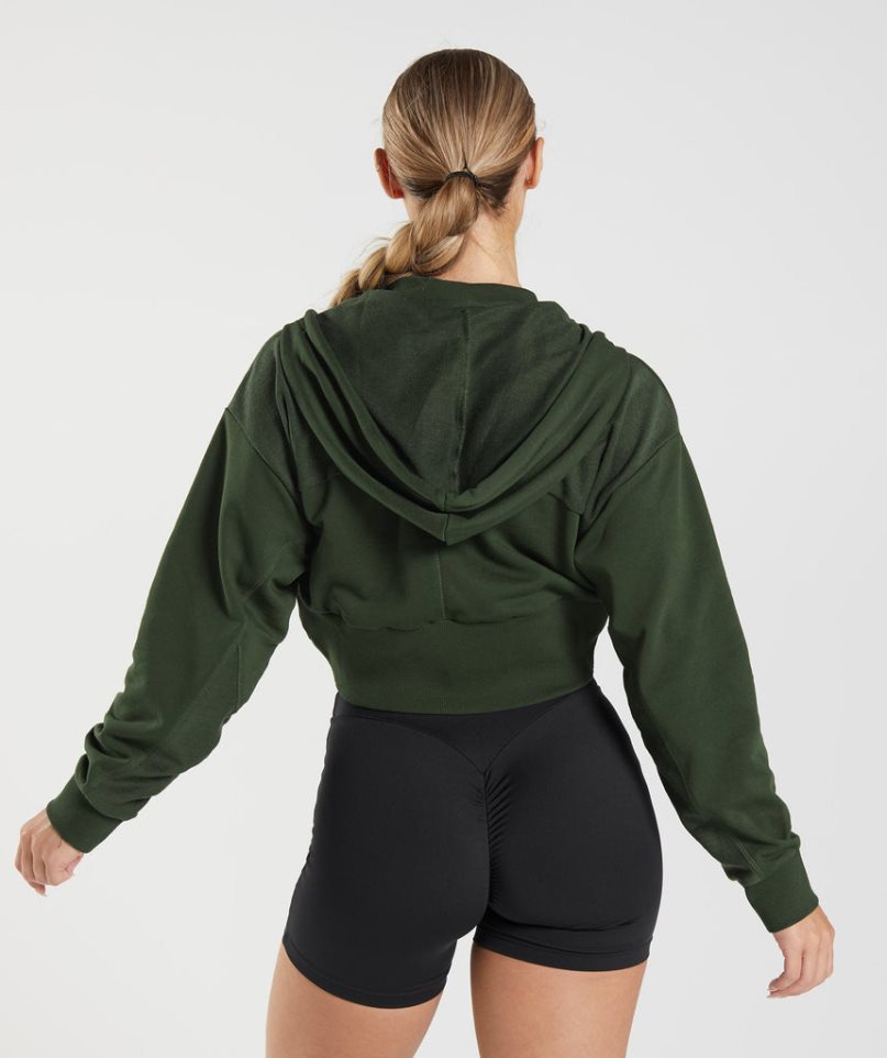 Gymshark GS Power Cropped Zip Női Kapucnis Pulóver Olivazöld | HU-M-324