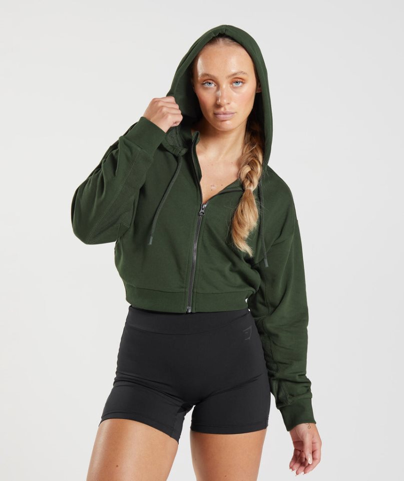Gymshark GS Power Cropped Zip Női Kapucnis Pulóver Olivazöld | HU-M-324