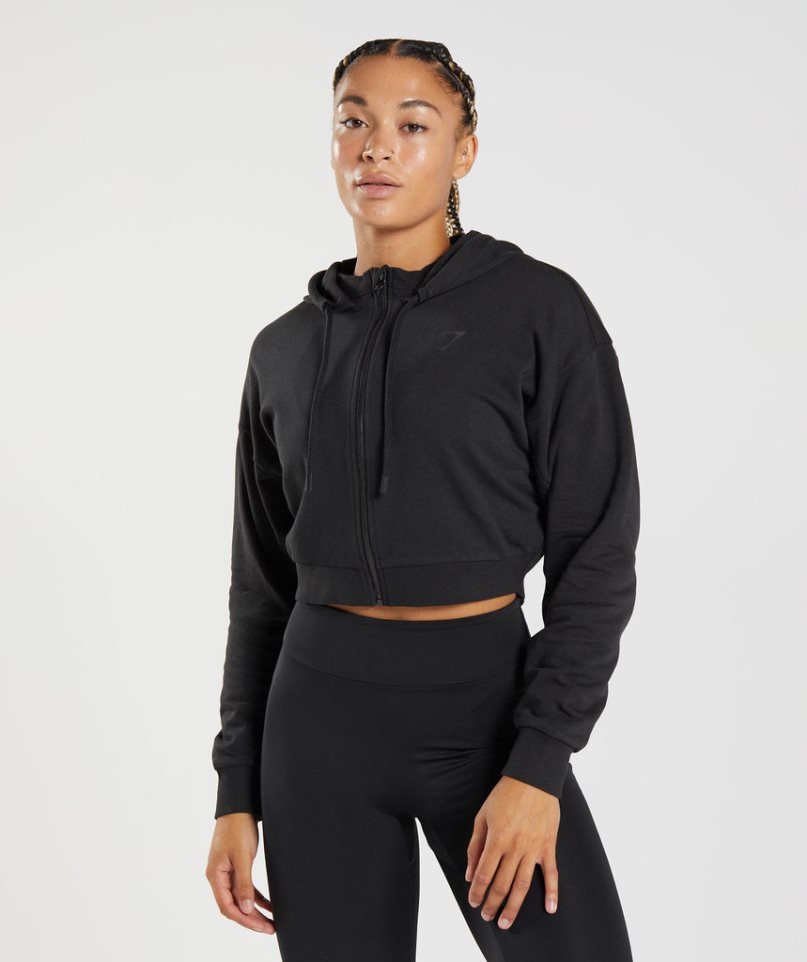 Gymshark GS Power Cropped Zip Női Kapucnis Pulóver Fekete | HU-S-089