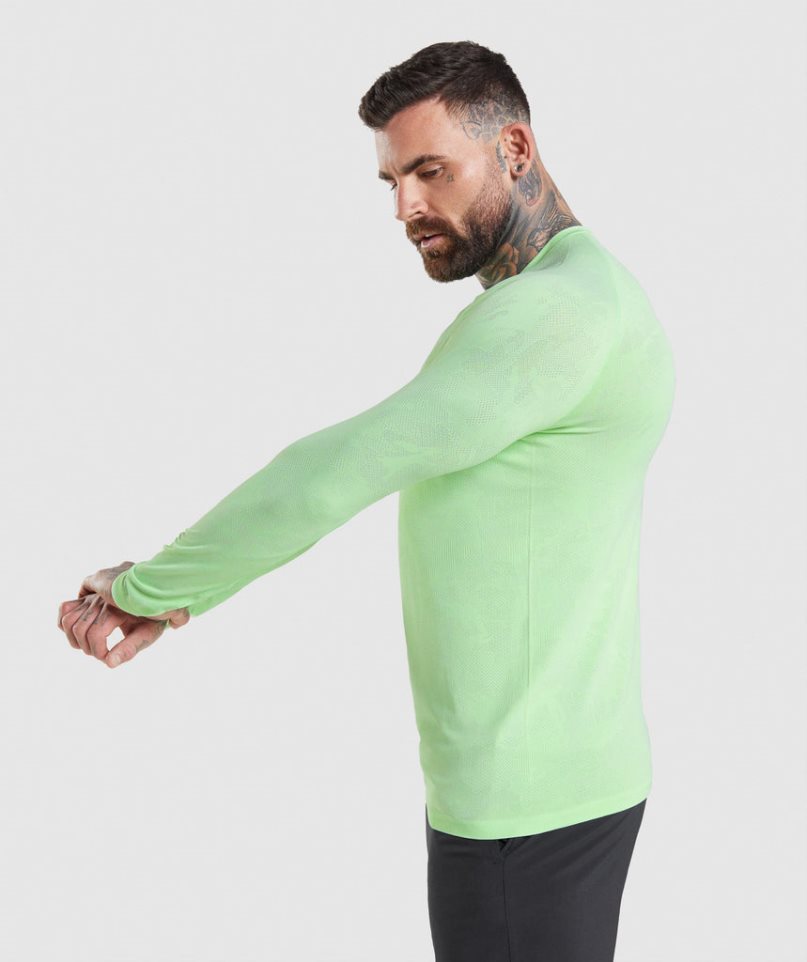 Gymshark Geo Seamless Long Sleeve Férfi Póló Világos Zöld | HU-B-749