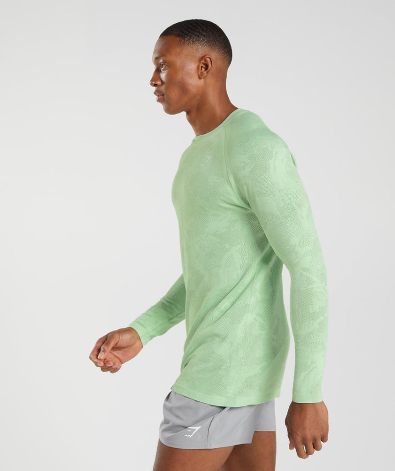 Gymshark Geo Seamless Long Sleeve Férfi Póló Világos Zöld | HU-H-603