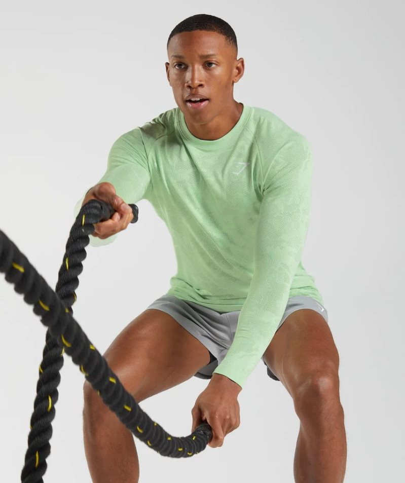 Gymshark Geo Seamless Long Sleeve Férfi Póló Világos Zöld | HU-H-603