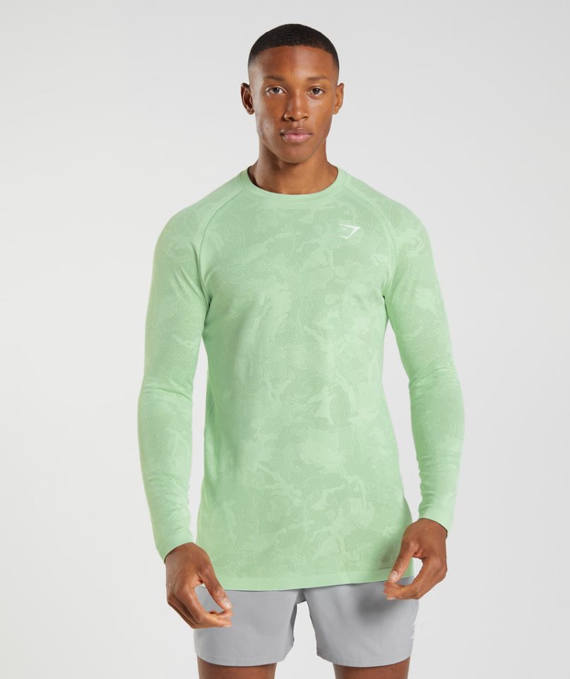 Gymshark Geo Seamless Long Sleeve Férfi Póló Világos Zöld | HU-H-603