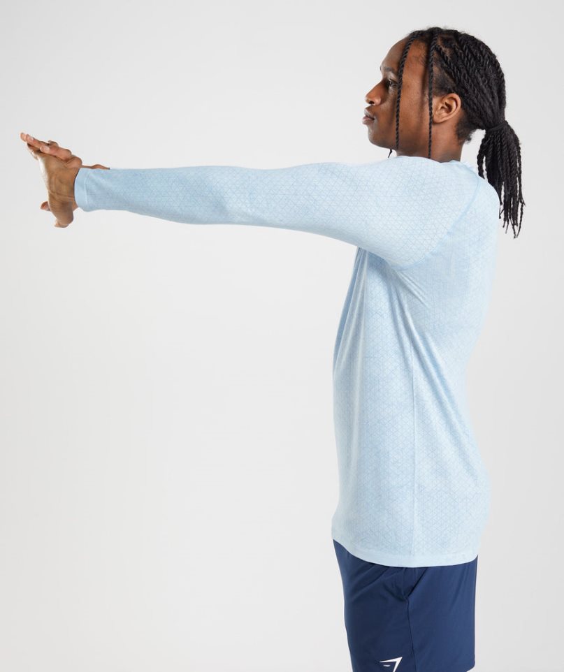 Gymshark Geo Seamless Long Sleeve Férfi Póló Világos Kék | HU-N-963