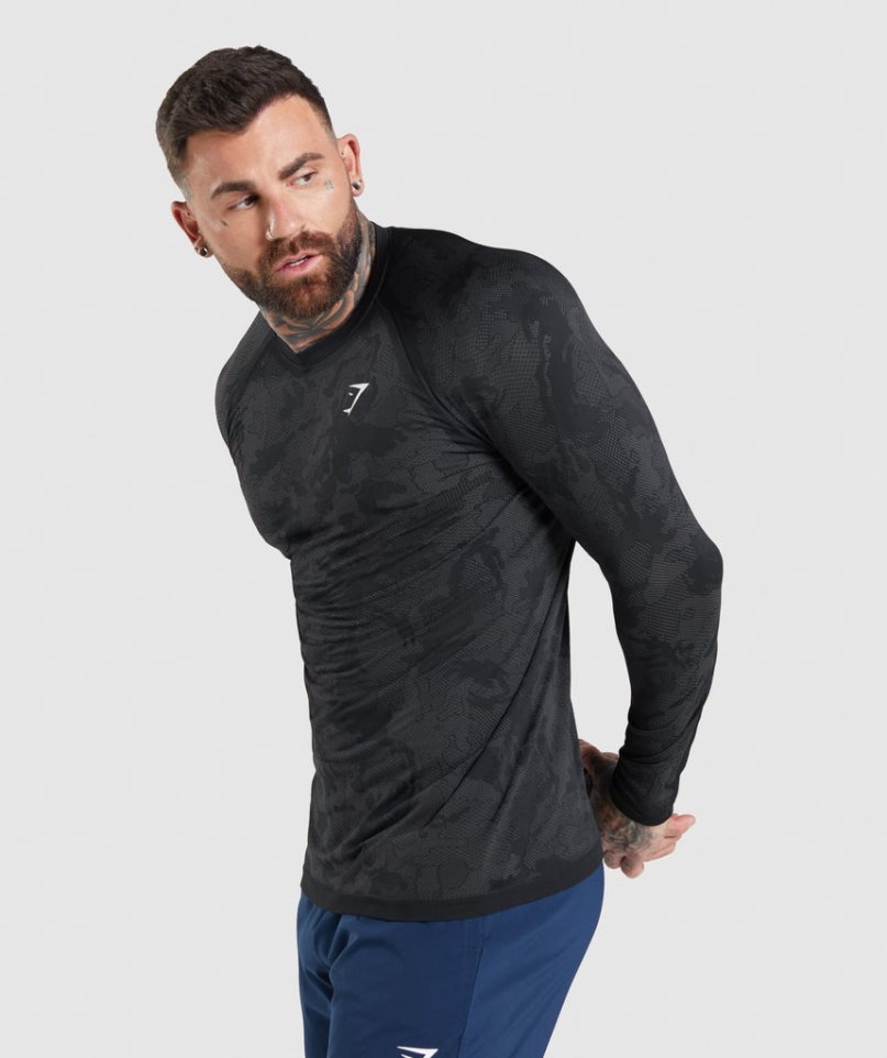 Gymshark Geo Seamless Long Sleeve Férfi Póló Fekete | HU-R-061