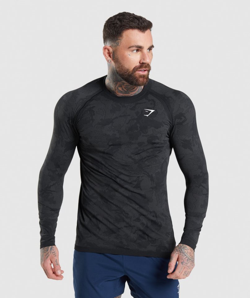 Gymshark Geo Seamless Long Sleeve Férfi Póló Fekete | HU-R-061