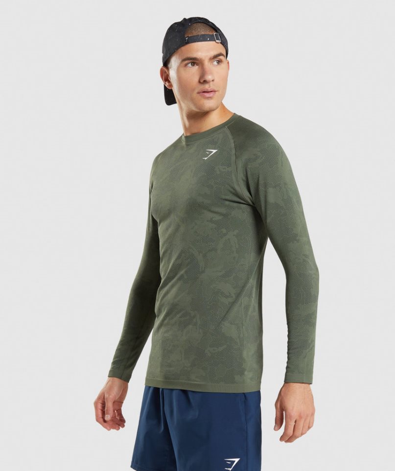 Gymshark Geo Seamless Long Sleeve Férfi Póló Olivazöld | HU-V-153