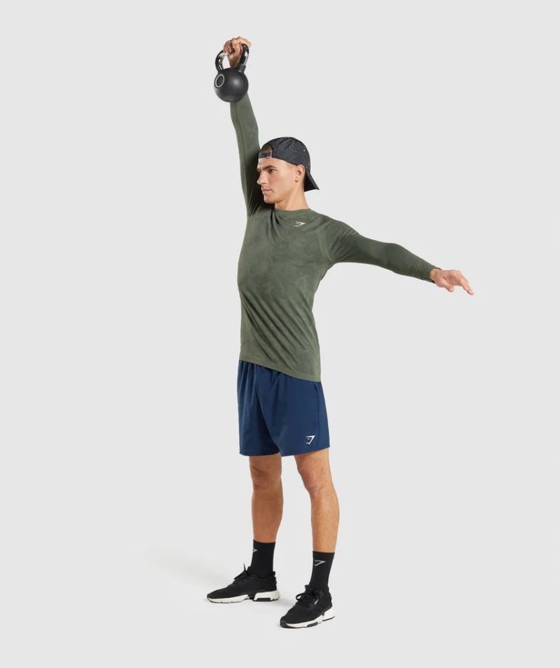 Gymshark Geo Seamless Long Sleeve Férfi Póló Olivazöld | HU-V-153