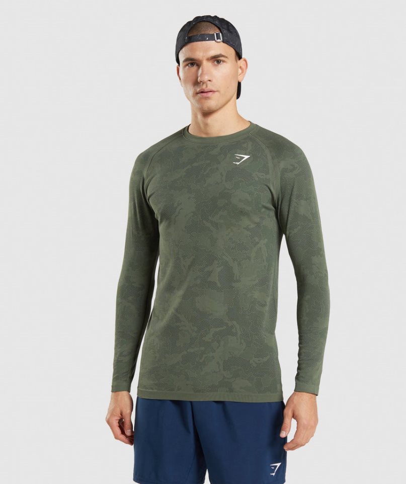 Gymshark Geo Seamless Long Sleeve Férfi Póló Olivazöld | HU-V-153