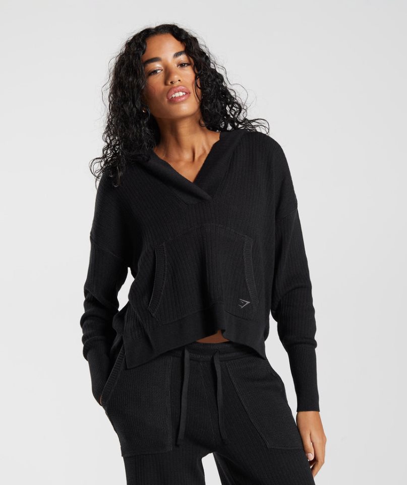 Gymshark Pause Knitwear Női Kapucnis Pulóver Fekete | HU-R-281