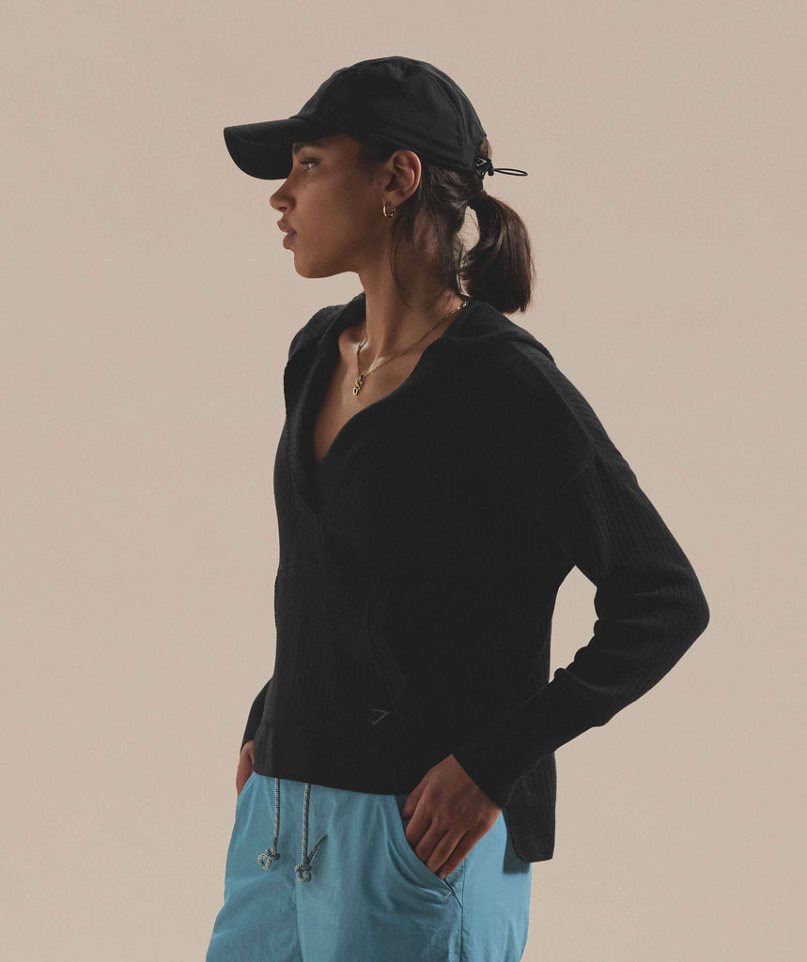 Gymshark Pause Knitwear Női Kapucnis Pulóver Fekete | HU-R-281