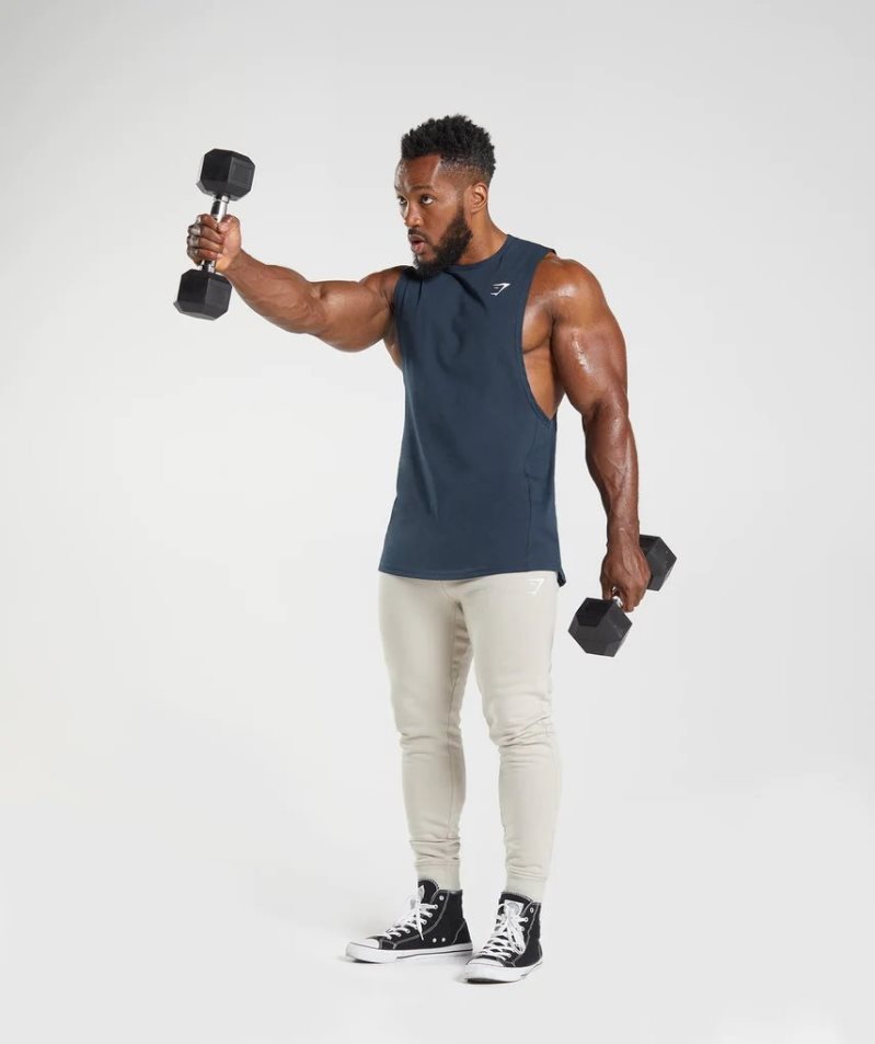 Gymshark React Drop Arm Férfi Ujjatlan Póló Sötétkék | HU-H-564