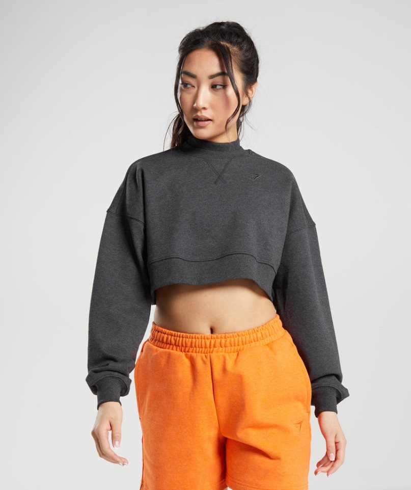 Gymshark Rest Day Sweats Cropped Női Pulóverek Fekete | HU-J-098