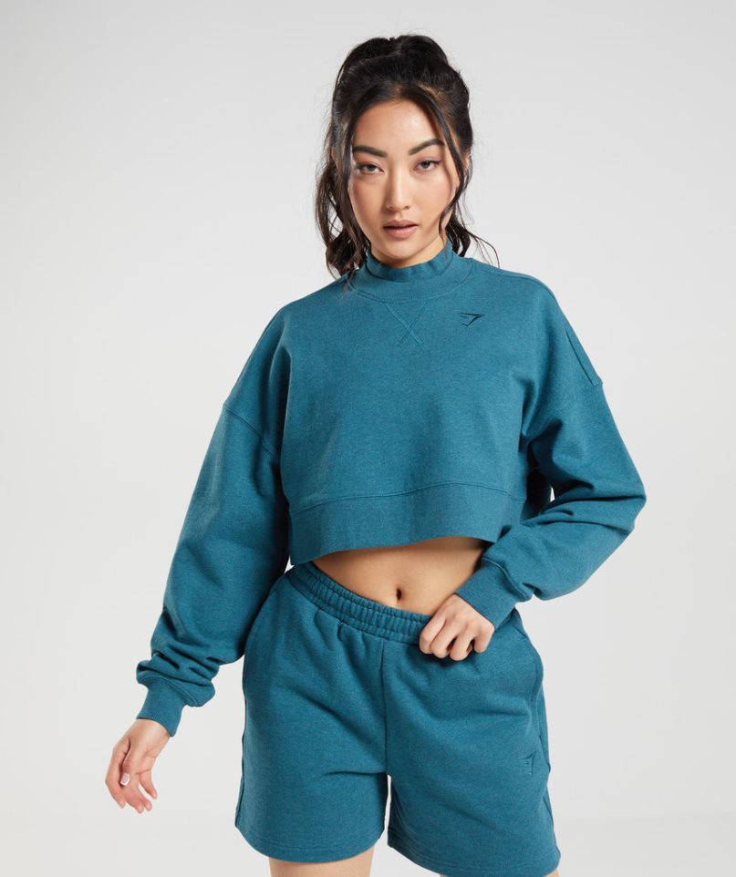 Gymshark Rest Day Sweats Cropped Női Pulóverek Türkiz | HU-S-093