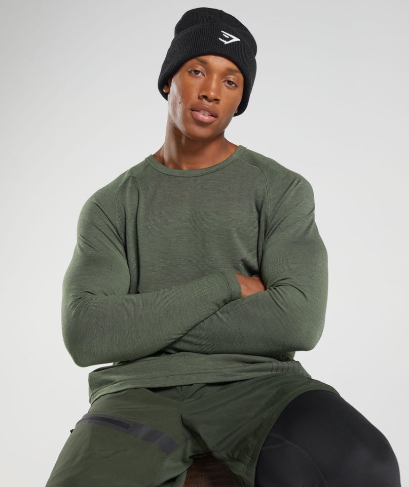 Gymshark Retake Seamless Long Sleeve Férfi Póló Olivazöld | HU-P-624