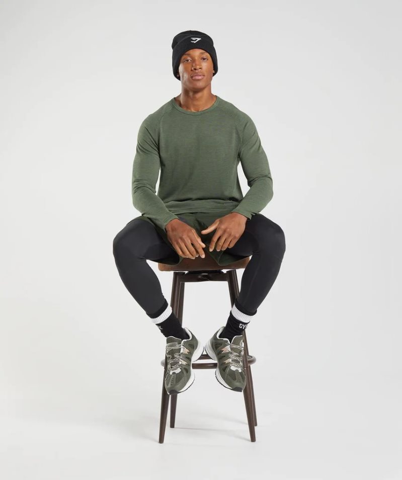Gymshark Retake Seamless Long Sleeve Férfi Póló Olivazöld | HU-P-624