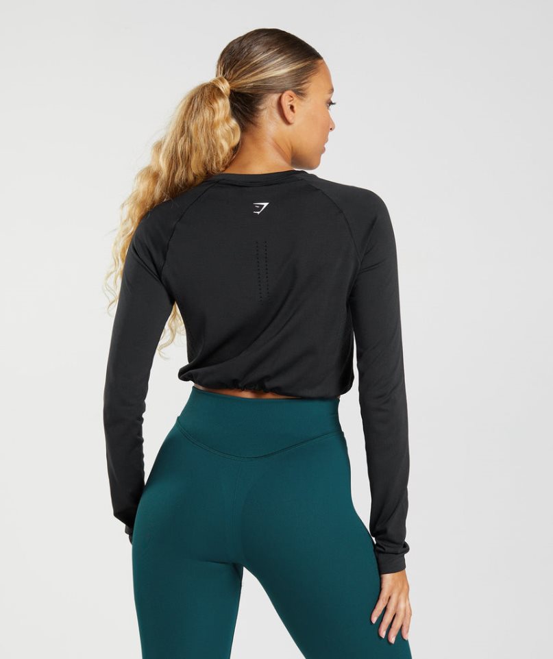 Gymshark Sweat Seamless Long Sleeve Női Vágott Felsők Fekete | HU-E-427