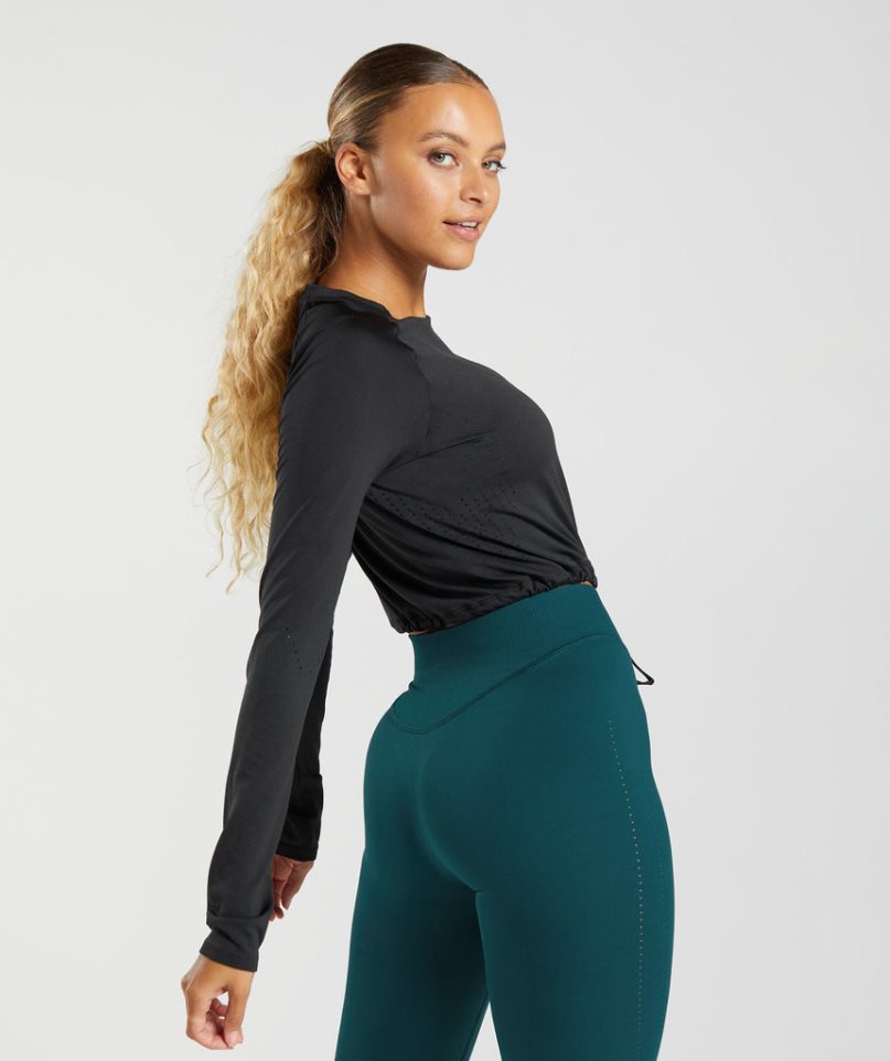 Gymshark Sweat Seamless Long Sleeve Női Vágott Felsők Fekete | HU-E-427
