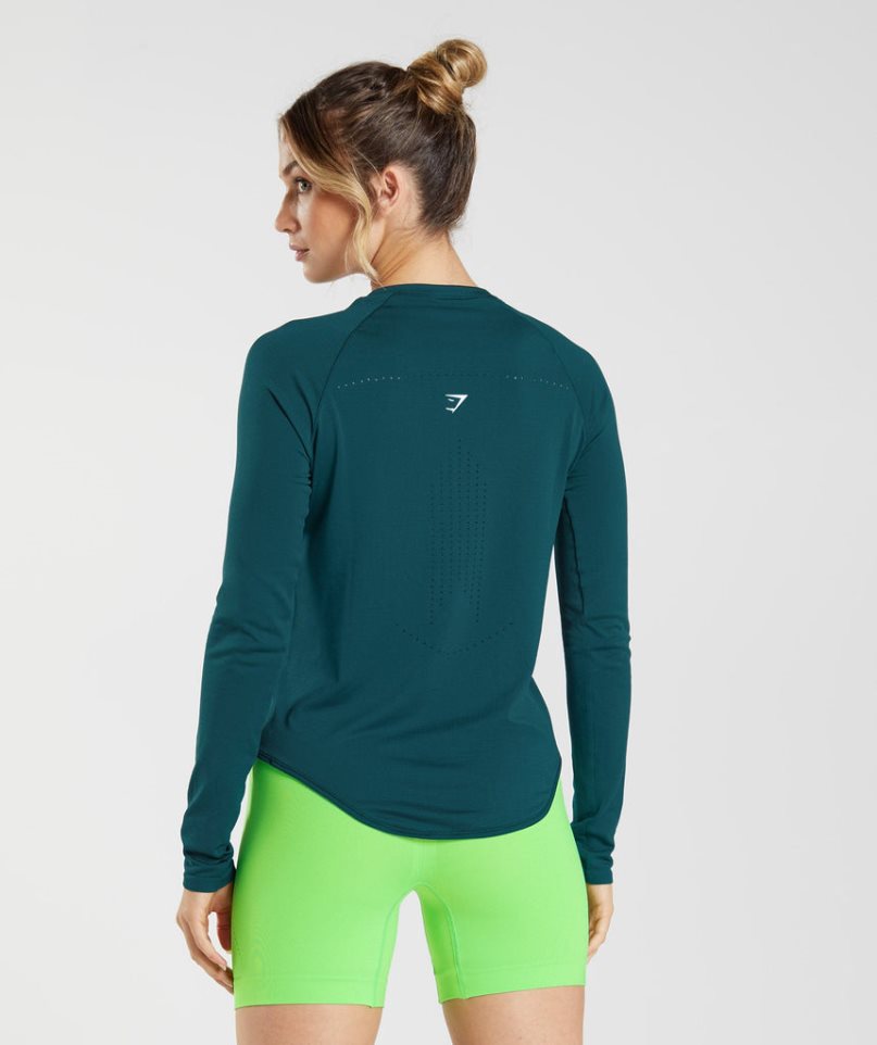 Gymshark Sweat Seamless Long Sleeve Top Női Póló Türkiz | HU-J-612