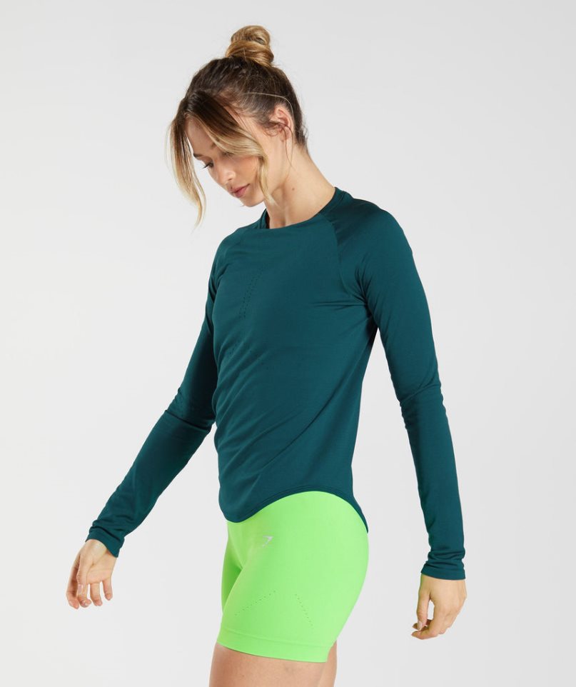 Gymshark Sweat Seamless Long Sleeve Top Női Póló Türkiz | HU-J-612