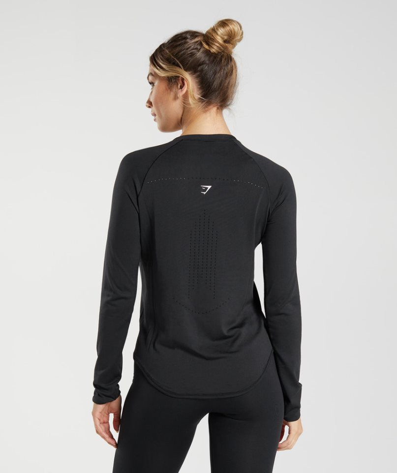 Gymshark Sweat Seamless Long Sleeve Top Női Póló Fekete | HU-S-197