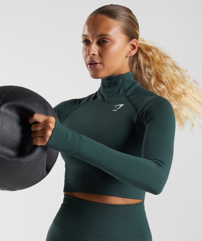 Gymshark Vital Seamless 2.0 High Neck Midi Női Vágott Felsők Sötétzöld | HU-A-651