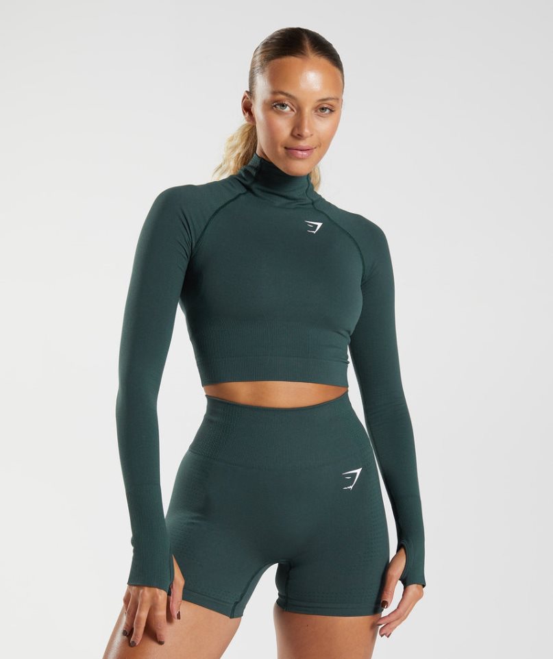 Gymshark Vital Seamless 2.0 High Neck Midi Női Vágott Felsők Sötétzöld | HU-A-651