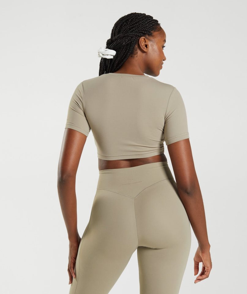 Gymshark Whitney Rövid Sleeve Női Vágott Felsők Khaki | HU-I-075