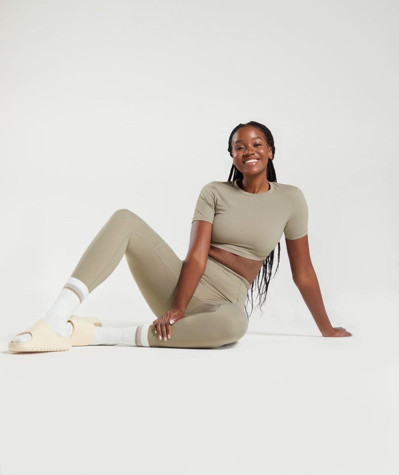 Gymshark Whitney Rövid Sleeve Női Vágott Felsők Khaki | HU-I-075