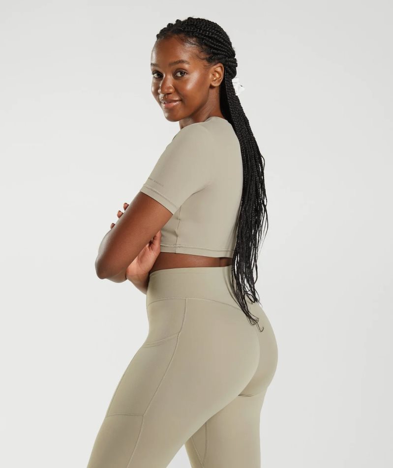 Gymshark Whitney Rövid Sleeve Női Vágott Felsők Khaki | HU-I-075