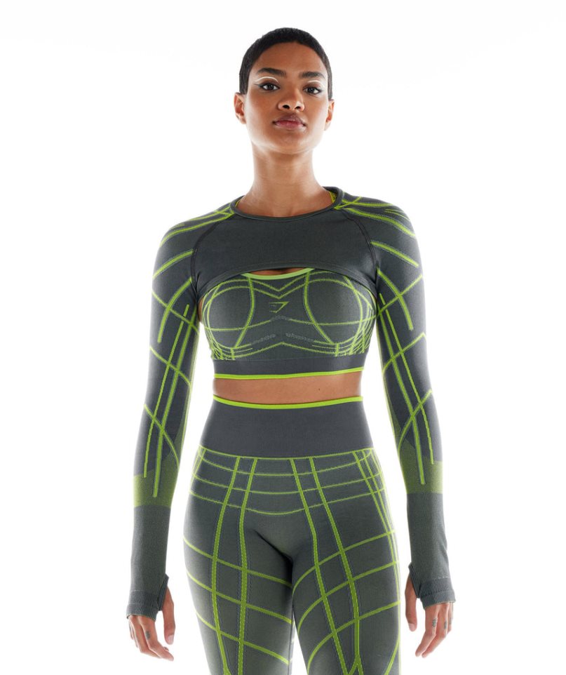 Gymshark Wtflex Linear Seamless Long Sleeve Shrug Női Pulóverek Zöld | HU-G-362